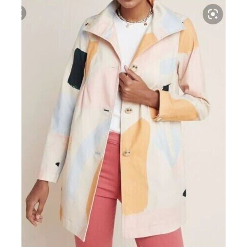 ANTHROPOLOGIE Moglea Daybreak Trench Coat Jacket Abstract Painter 10